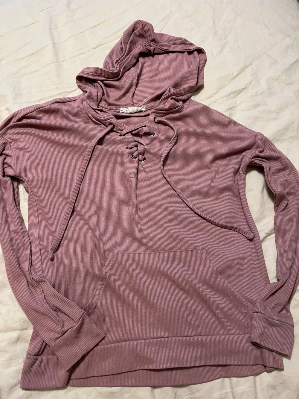 Pink Republic Ribbed Lace-Up Hooded Pullover - Mauve